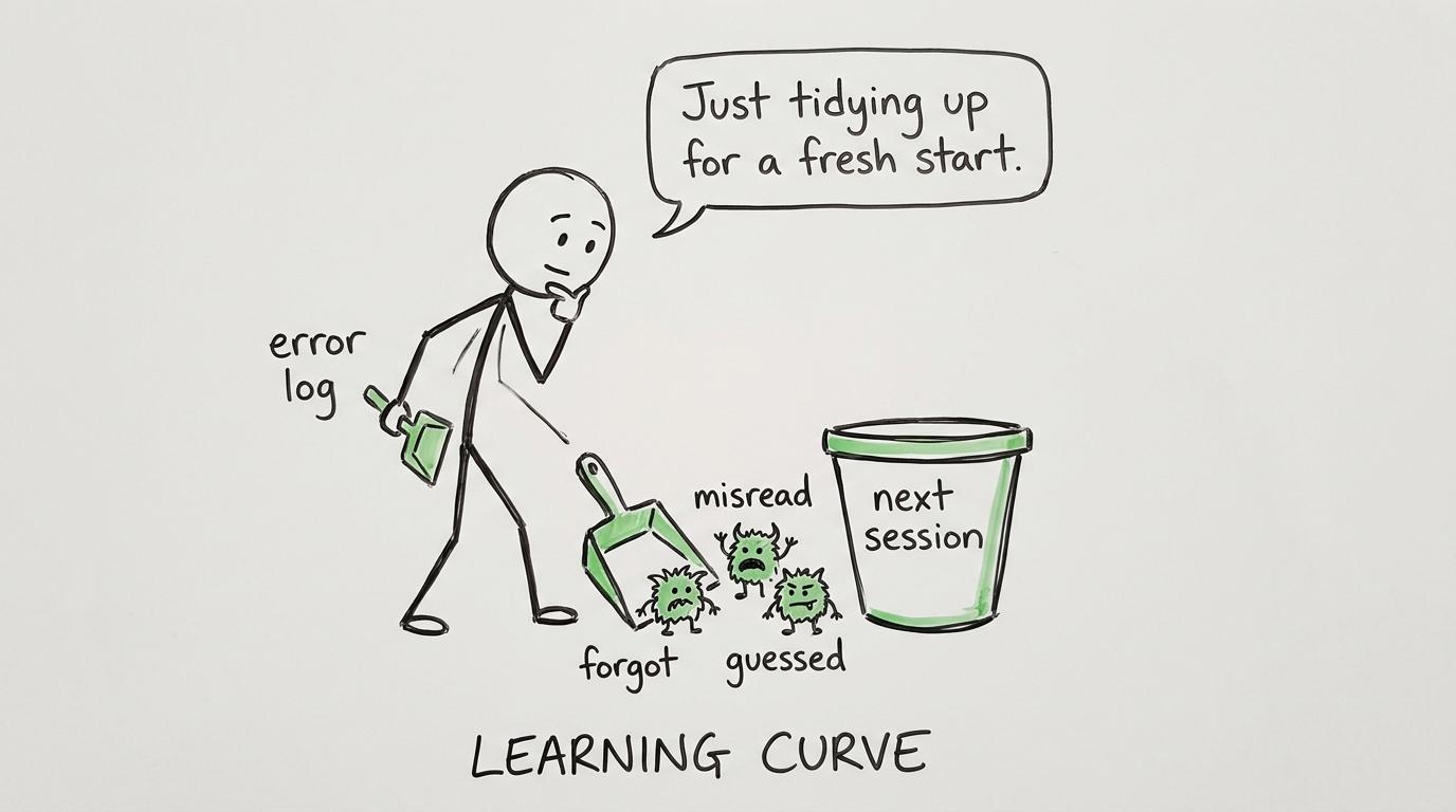 A student sweeps small mistake monsters into an error log for the next session