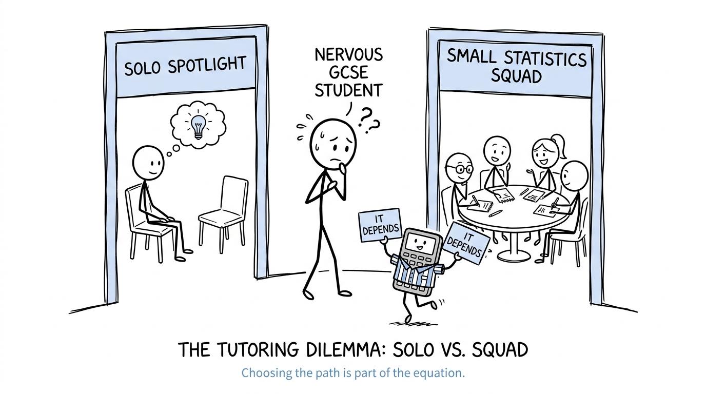 A student choosing between a solo tutoring spotlight and a small statistics squad