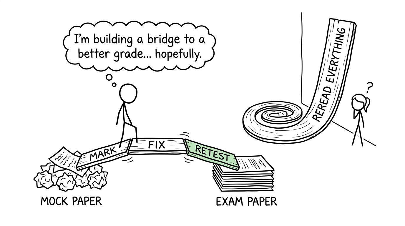 A student builds a bridge from mock paper to exam paper using mark, fix and retest