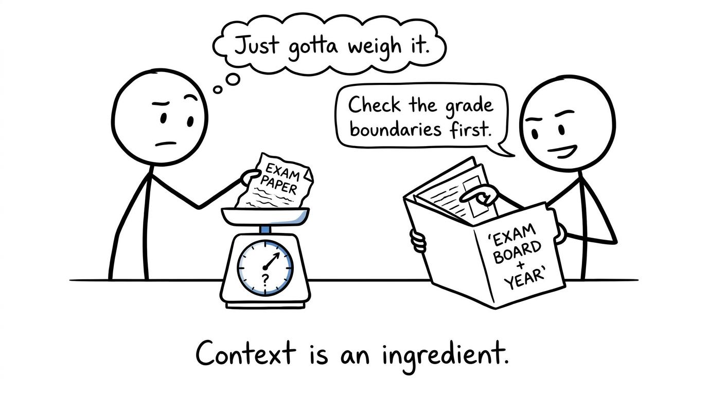 A student weighs an exam paper while another checks the correct exam board and year