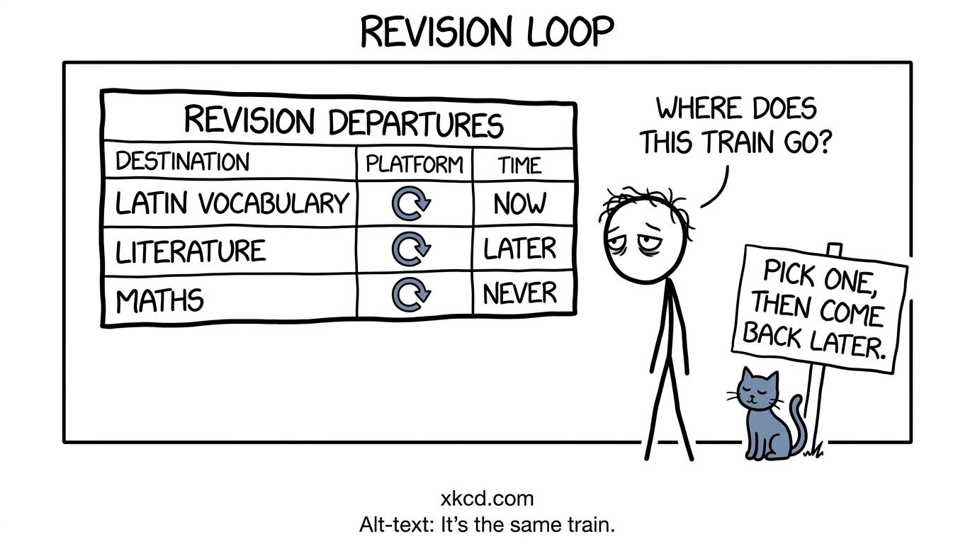 A confused student choosing between Latin and maths on a circular revision departures board