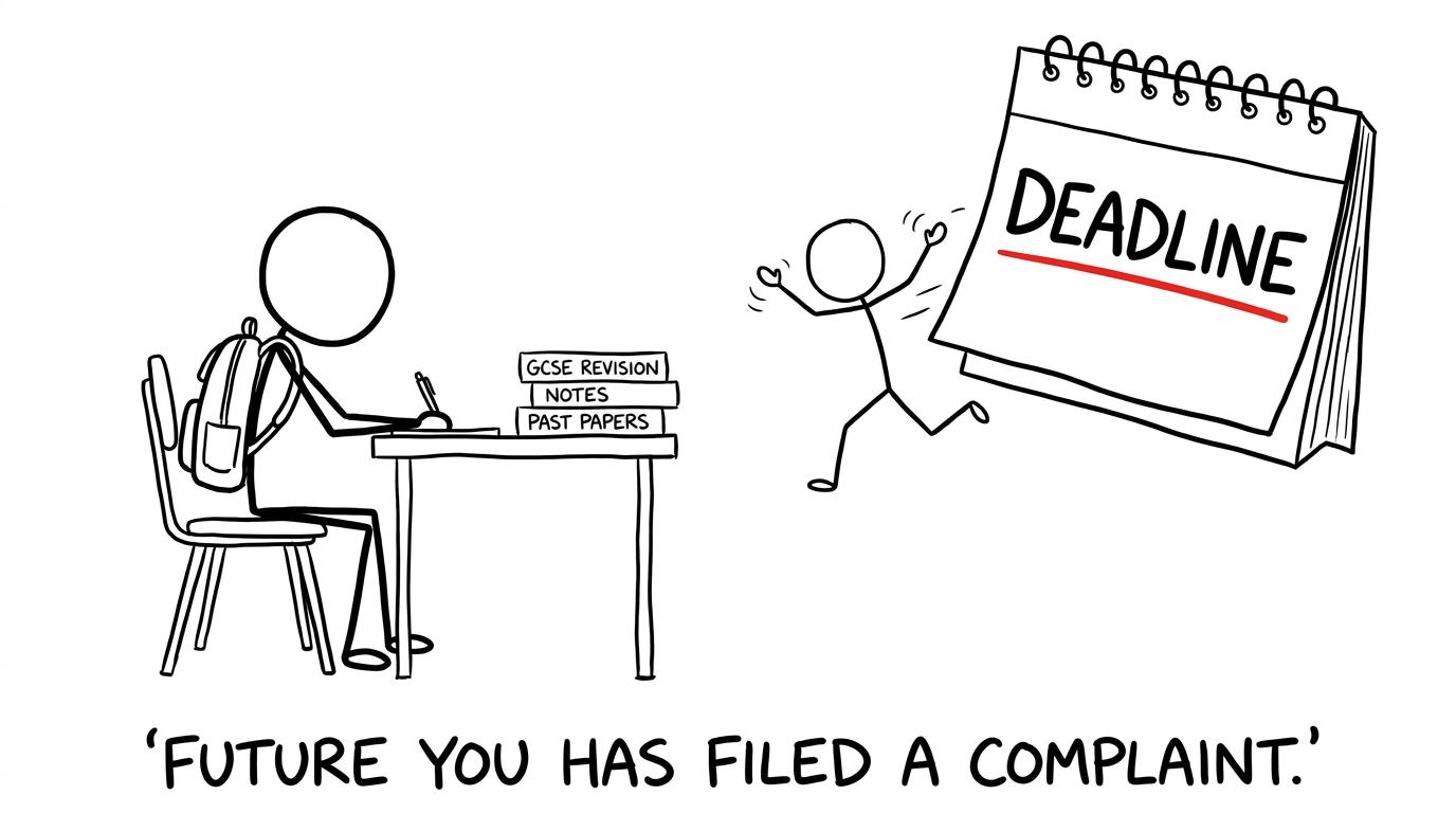 A calm student works while another is chased by a deadline calendar