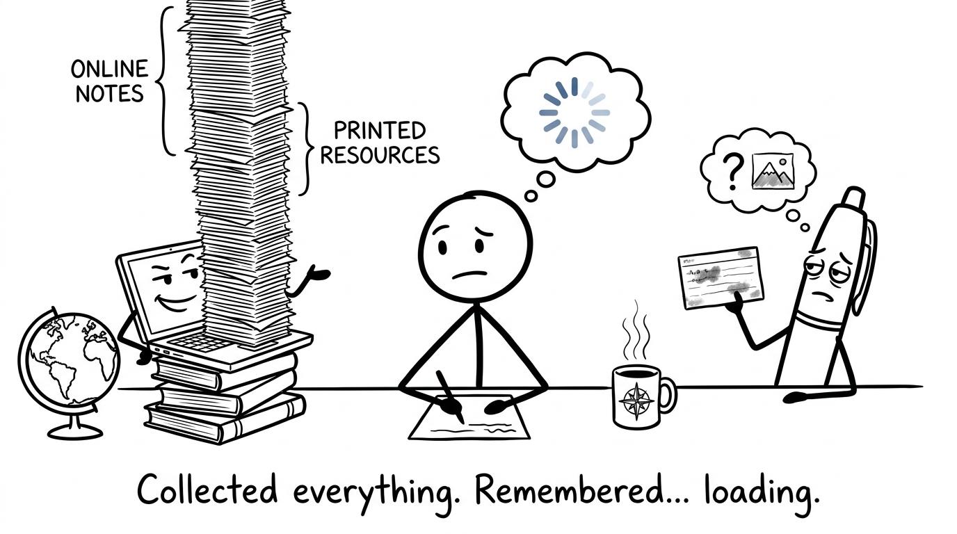 A laptop celebrates collecting everything while a thoughtful pen keeps one useful revision card