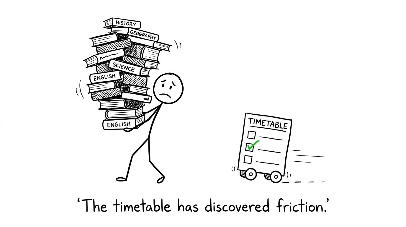 A student struggles with a tower of revision books while a small checklist rolls past