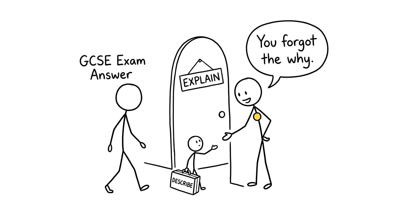 A sentence carrying only a Describe suitcase discovers that an Explain doorway also needs the why