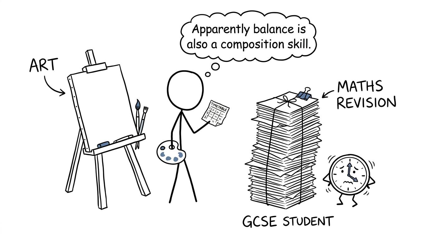 A student tries to balance art and maths revision with a tiny timetable
