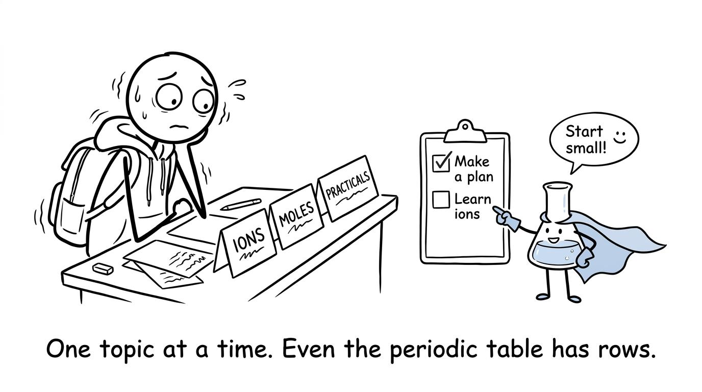 A GCSE student and a superhero beaker turning chemistry revision into a small queue of topics