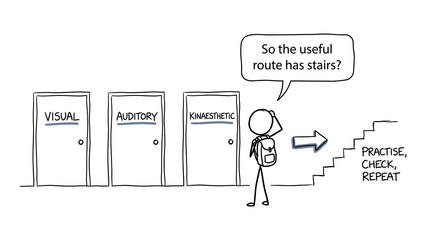 A student choosing between learning-style doors and a staircase marked practise, check and repeat