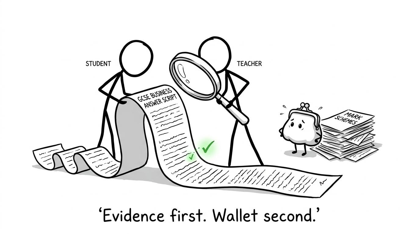 A teacher and student inspect a script before spending money