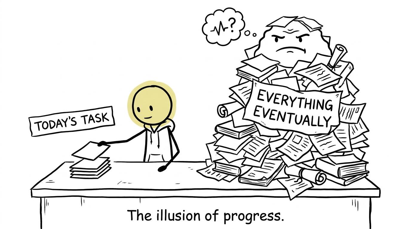 A student chooses one manageable task while a mountain of future work looks offended