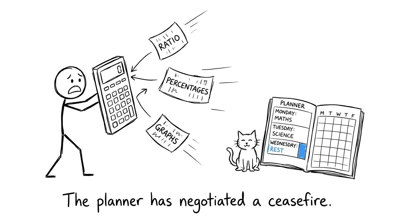 A revision planner negotiates peace between a student and flying maths notes