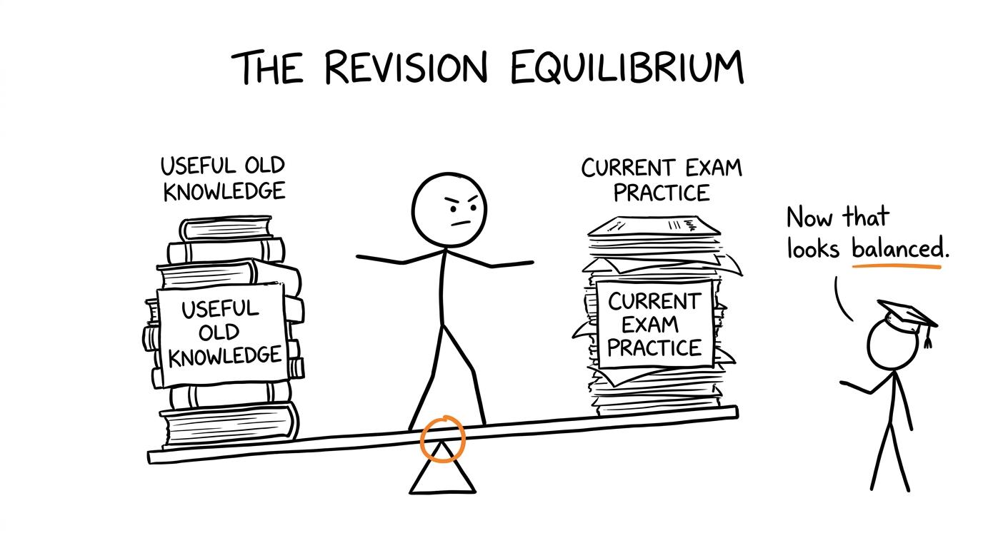 A student balances old knowledge with current examination practice