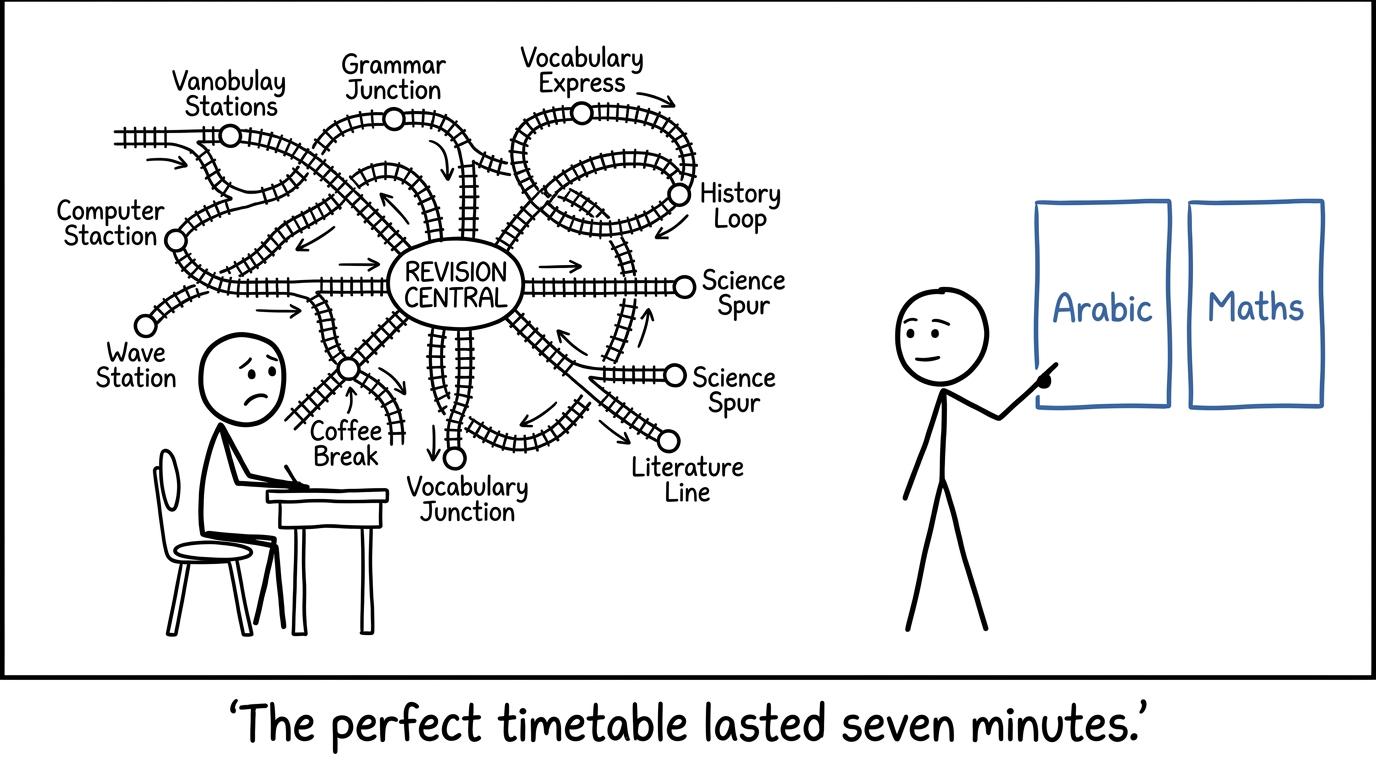 An elaborate revision timetable is replaced by two realistic study blocks