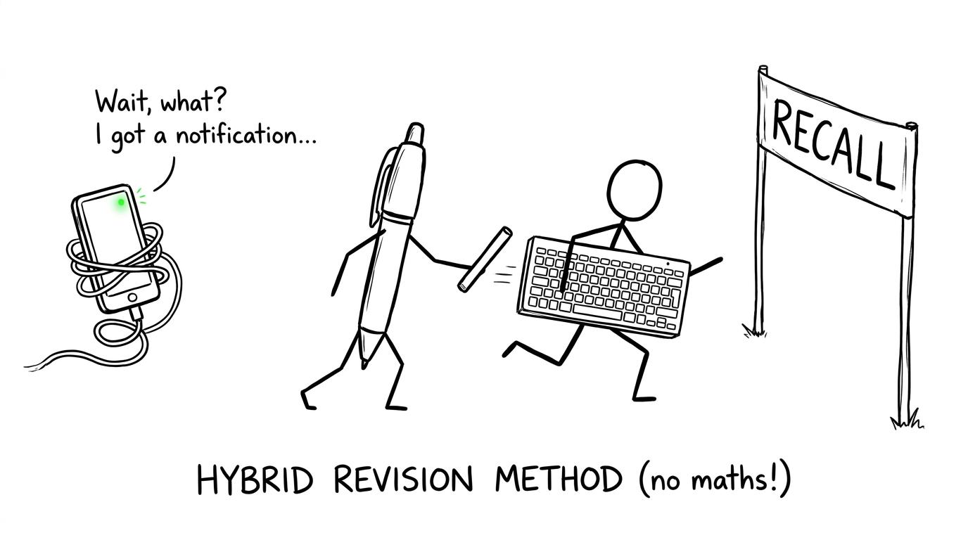 A pen and keyboard running a relay race towards recall while a distracted phone gets tangled up