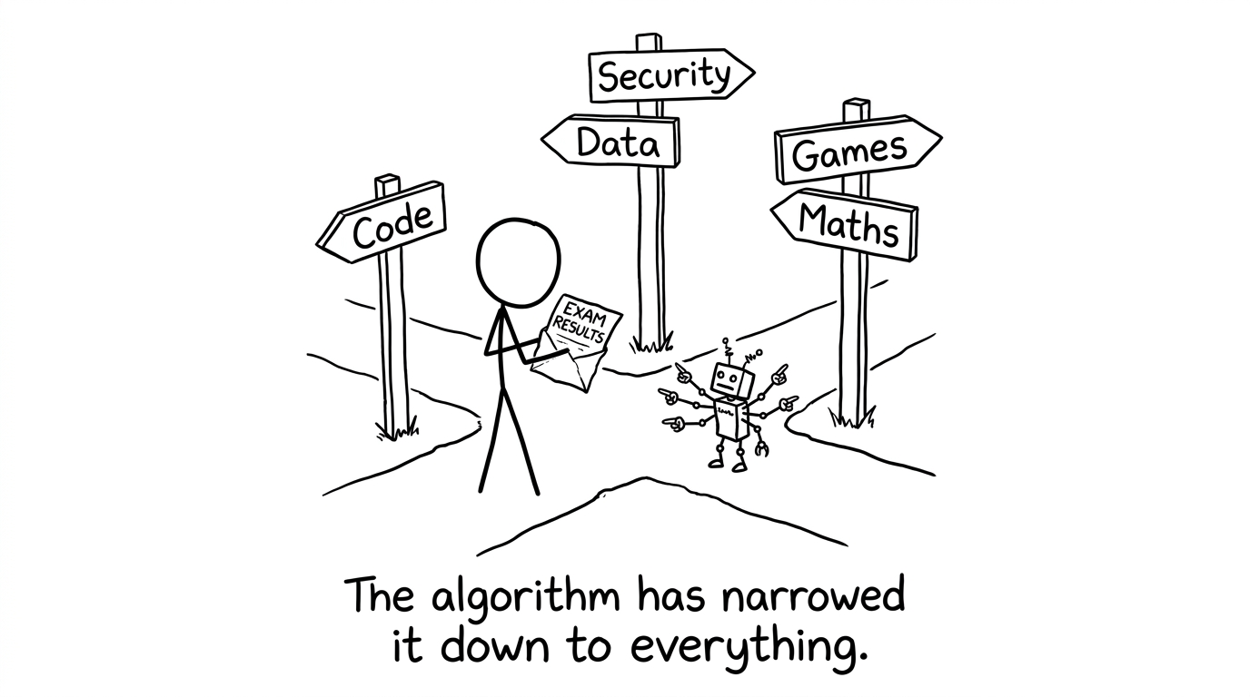 A student and robot facing too many degree-course signposts