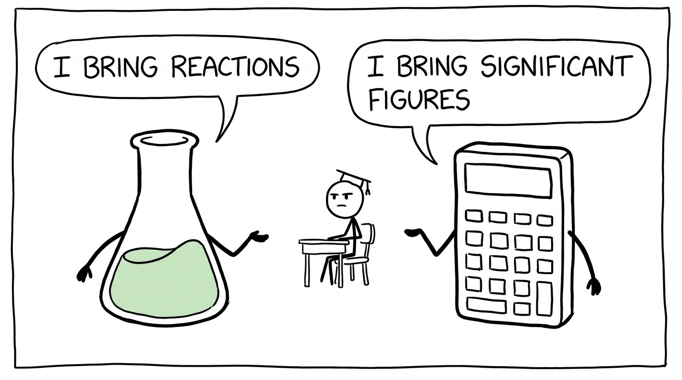 A calculator and chemistry flask interviewing each other as ideal A-level teammates