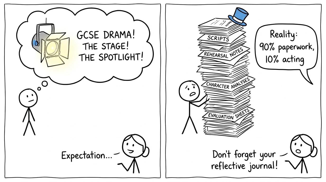 A student discovers that GCSE Drama includes scripts and evaluation sheets as well as a spotlight