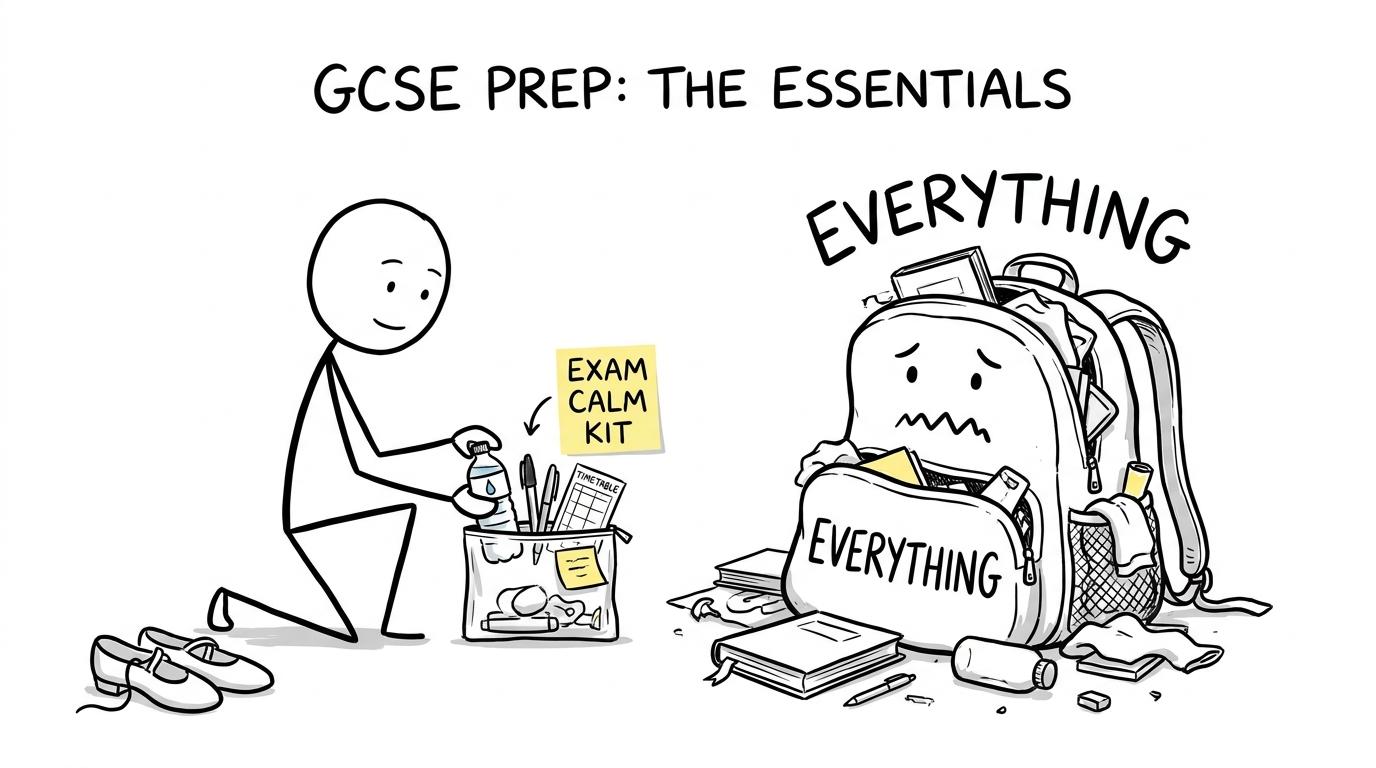 A calm student chooses a small exam kit instead of packing everything