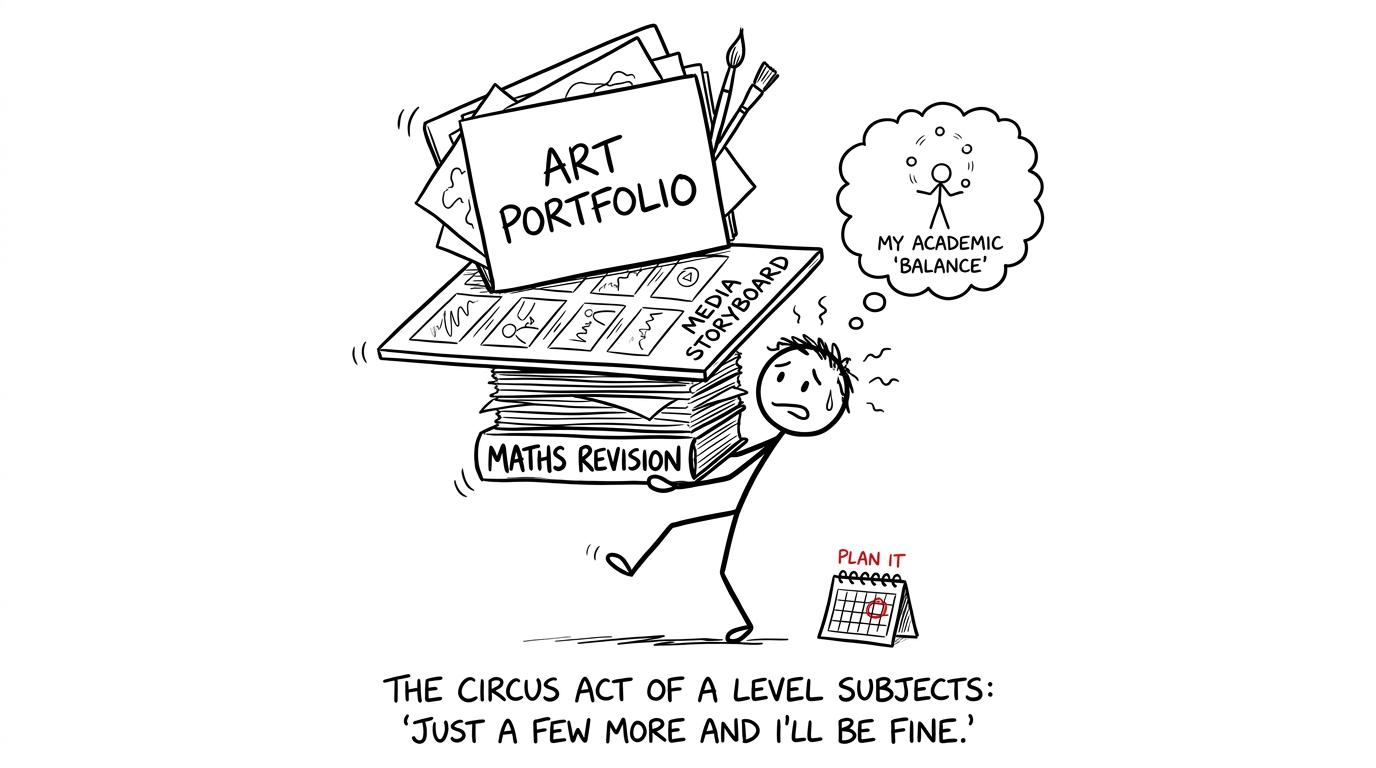 A student balances creative GCSE work with a stack of maths revision
