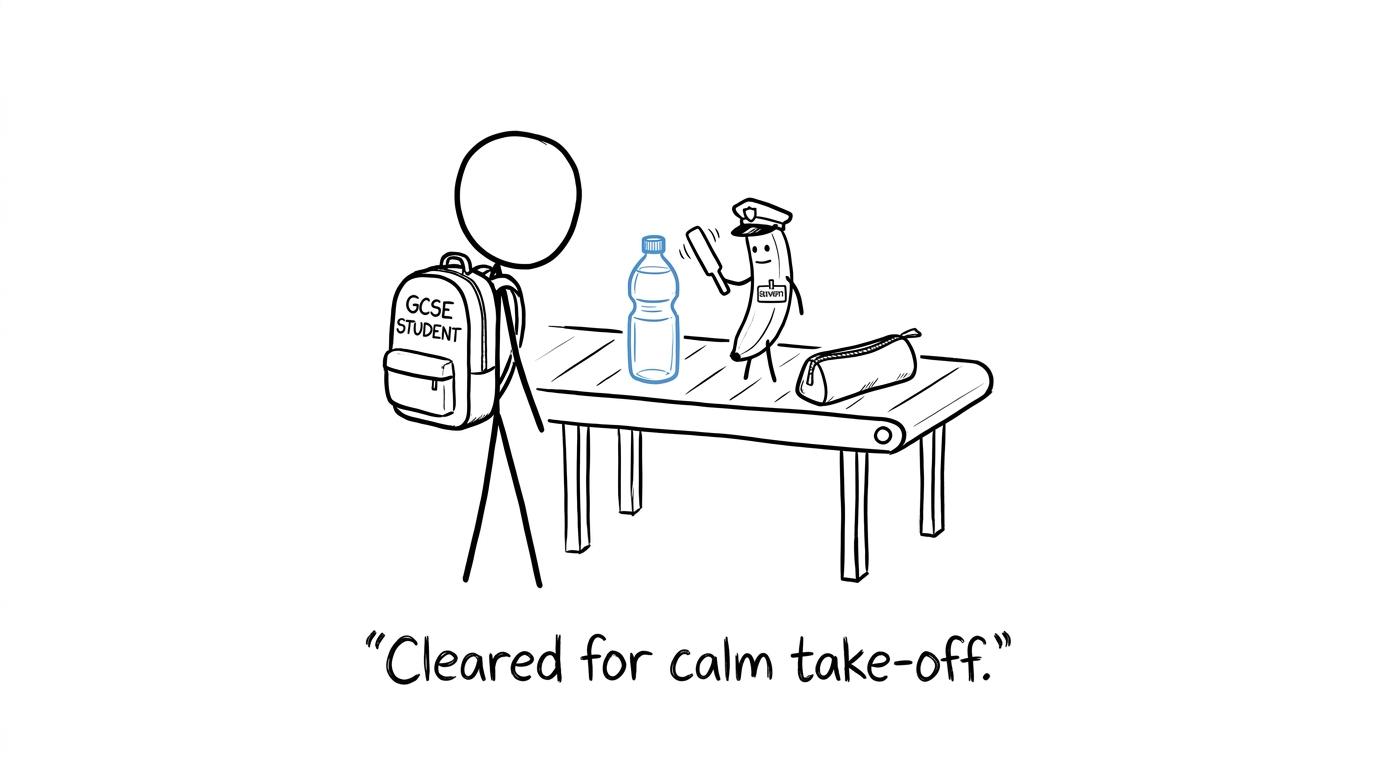 A banana conducts a highly serious exam-bag security check