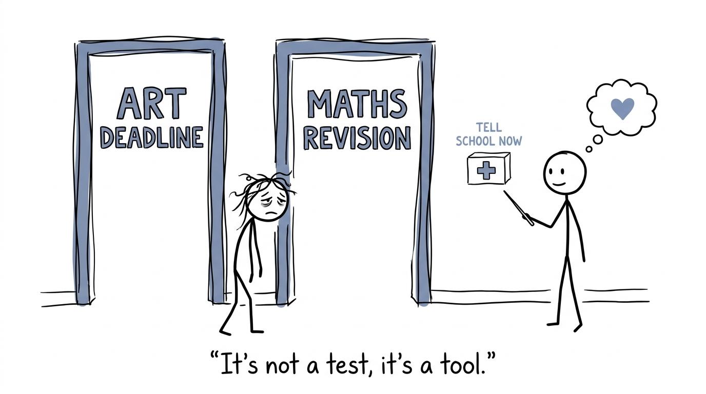 A student choosing between an art deadline and maths revision while a teacher points towards asking for help