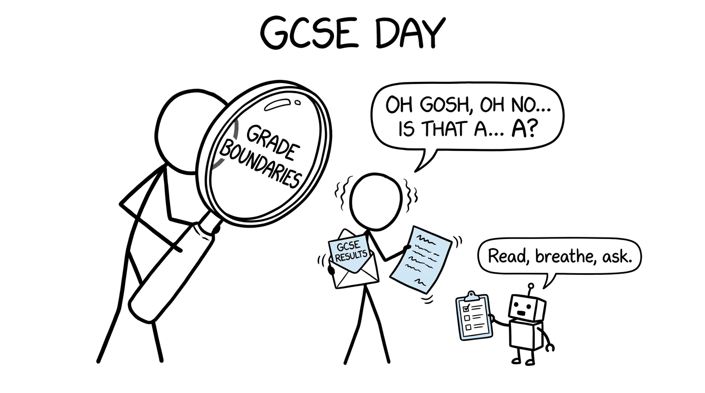 A student calmly checks a results-day list while a parent investigates grade boundaries