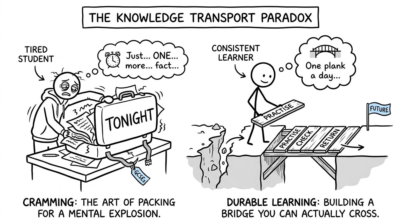 A student cramming a suitcase while another builds a revision bridge one plank at a time