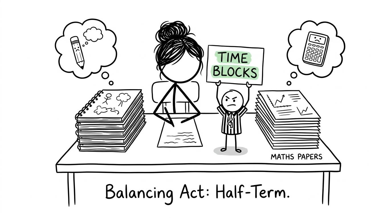 A tiny referee using time blocks to keep art and maths revision in balance
