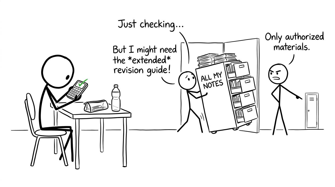 A student checks permitted equipment while another brings an enormous notes cabinet