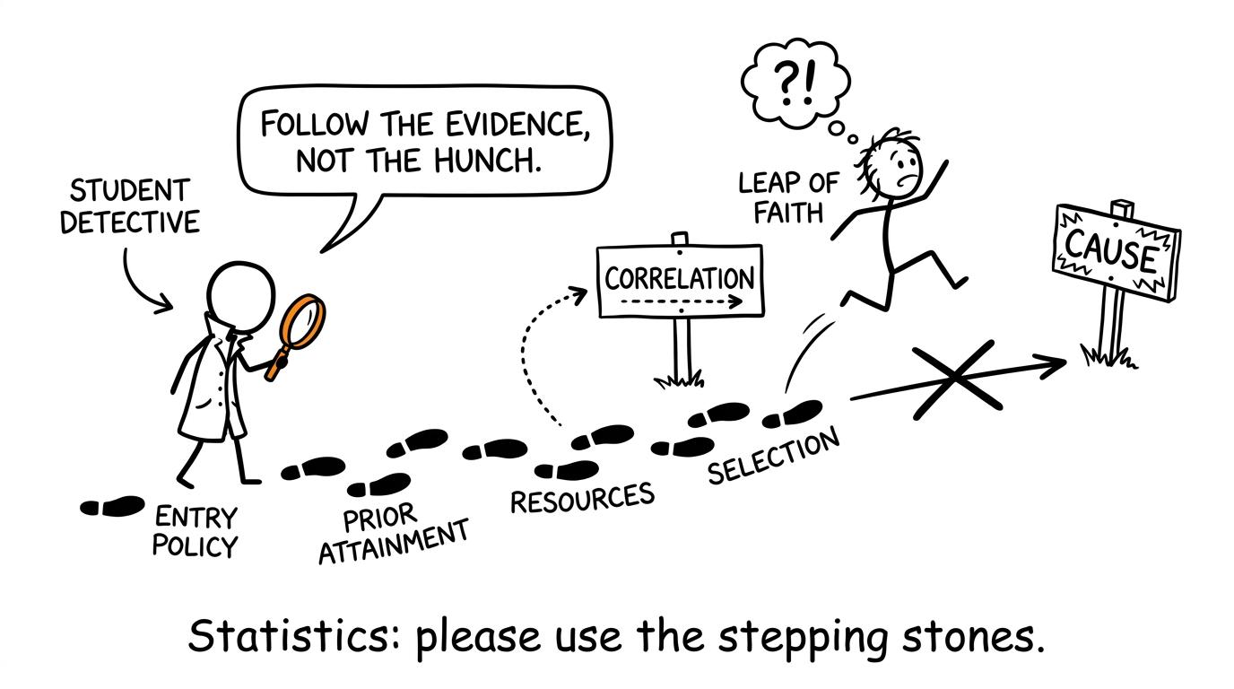 A student follows statistical stepping stones instead of jumping to causation