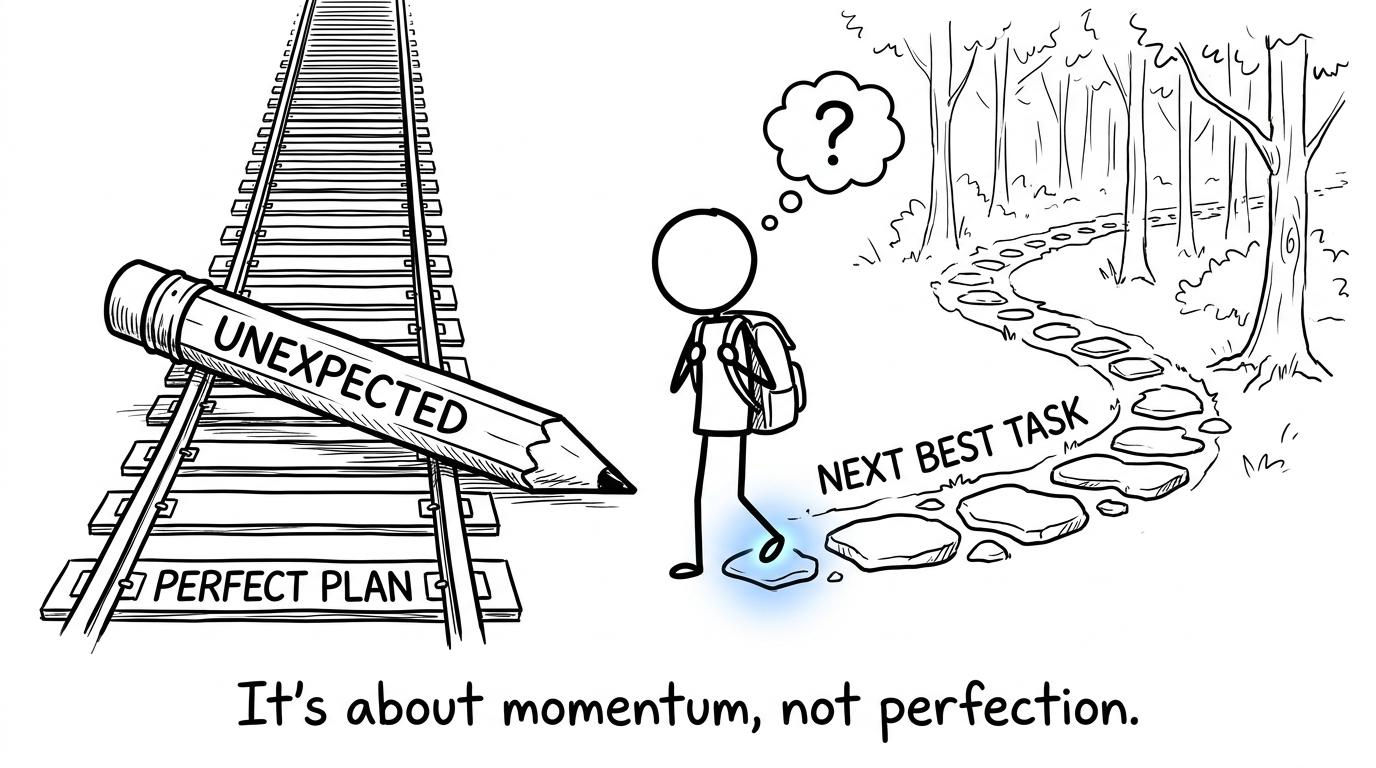 A flexible revision path continues around a fallen pencil while the perfect plan is blocked