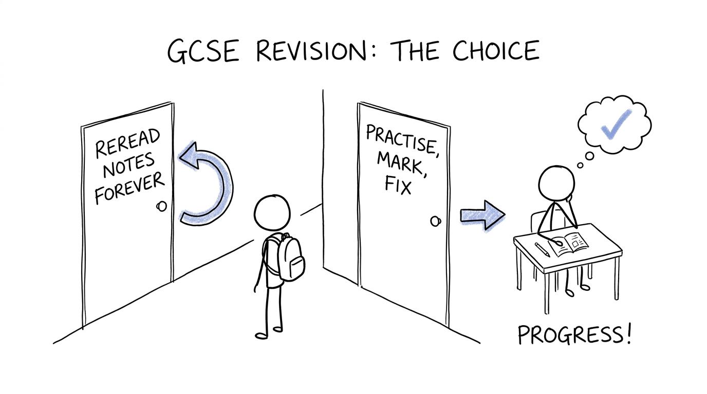 Two revision routes showing why practice and feedback beat endless rereading