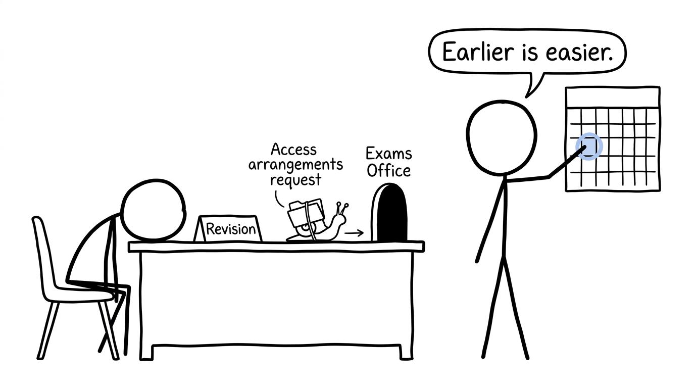 A student watches an access arrangements folder move slowly towards the exams office while a teacher advises starting early