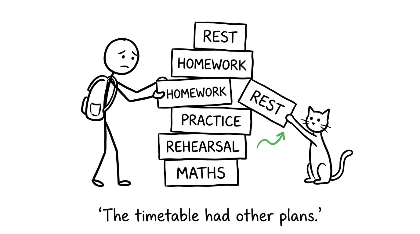 A GCSE student trying to balance maths, rehearsals, practice and rest