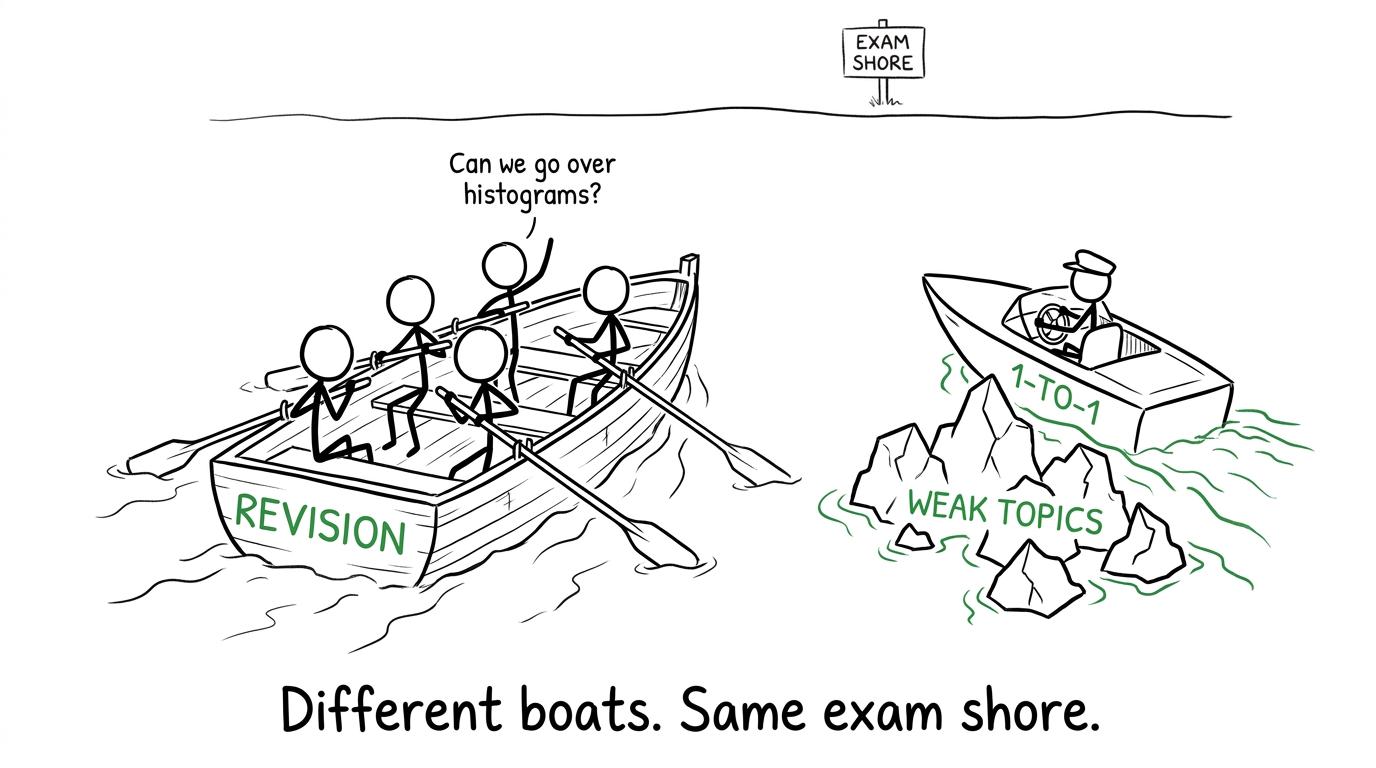 A small revision boat and a one-to-one speedboat heading towards the same exam shore