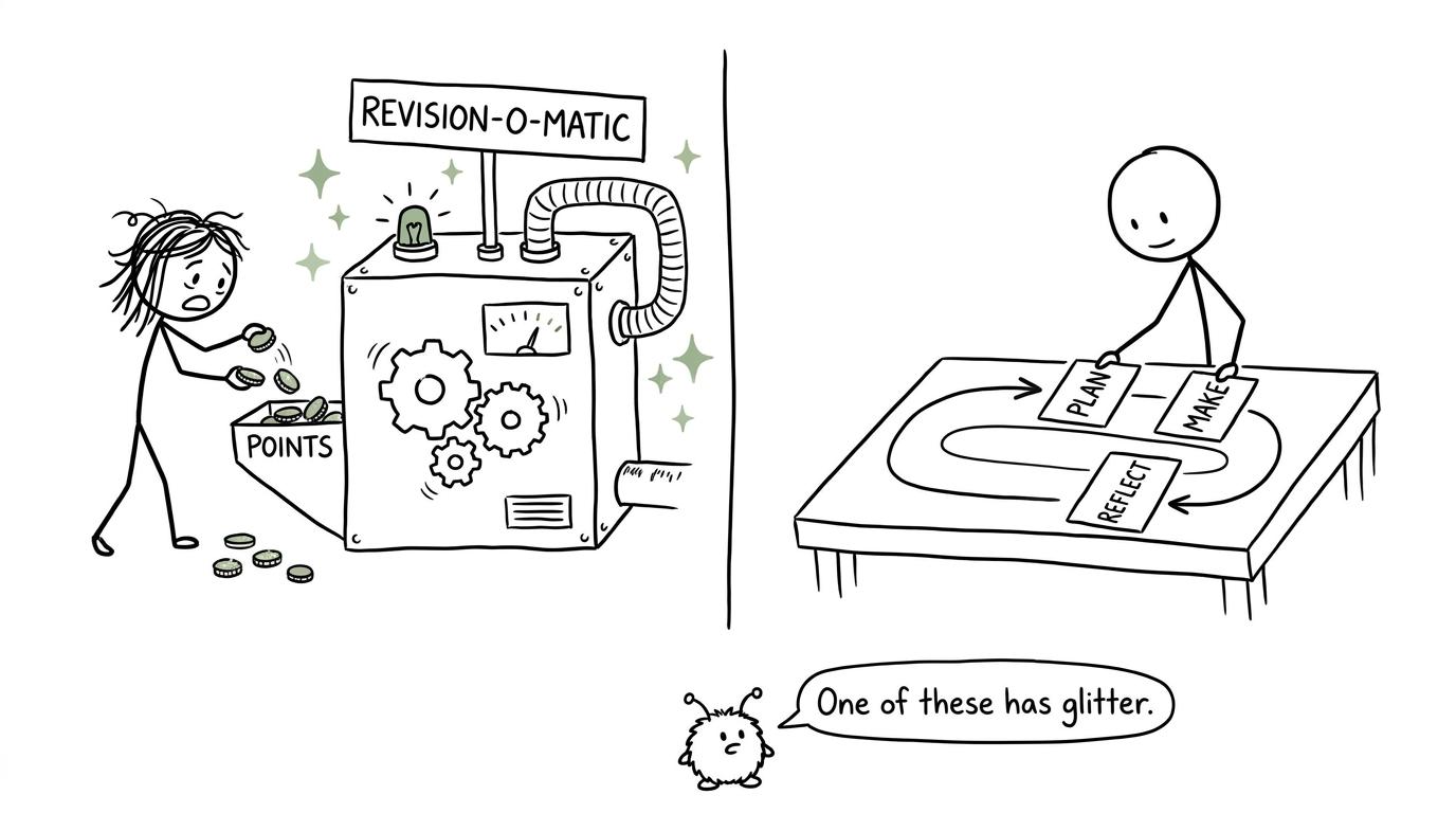 One student feeds points into a flashy machine while another follows a simple plan, make and reflect path