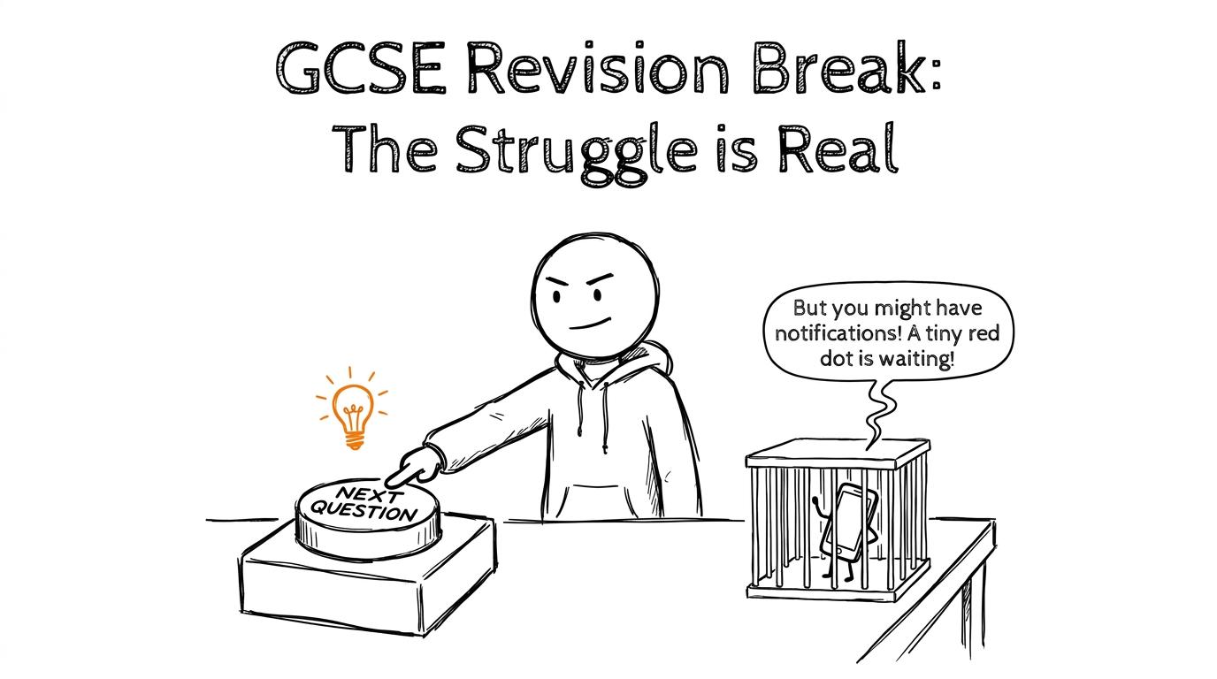 A student returns to the next question while a phone complains from cartoon jail