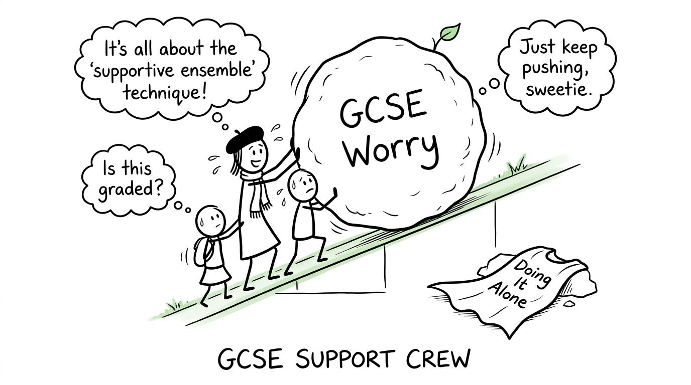 A student, parent and teacher work together instead of leaving one person to move the worry alone