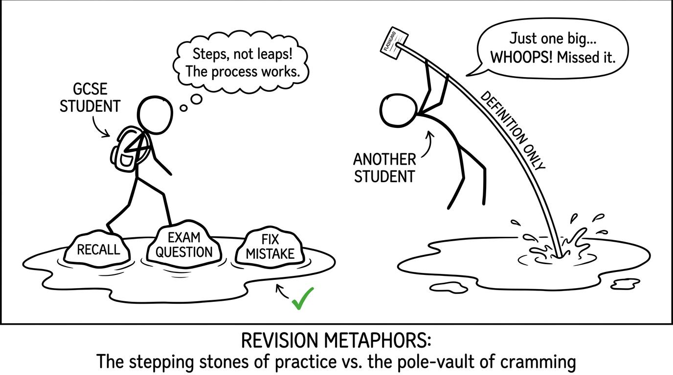 A student crosses from recall to exam performance using practice and correction