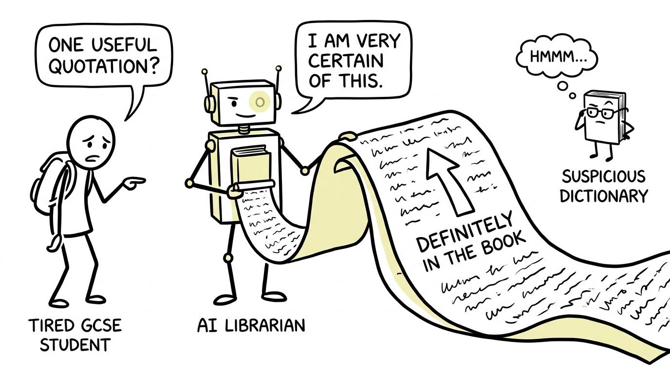 A robot librarian produces a suspiciously confident quotation while a dictionary looks unconvinced