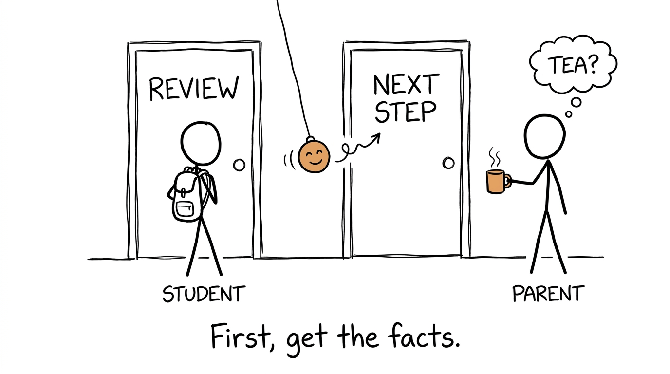 A student chooses between review and next-step doors while a parent offers tea