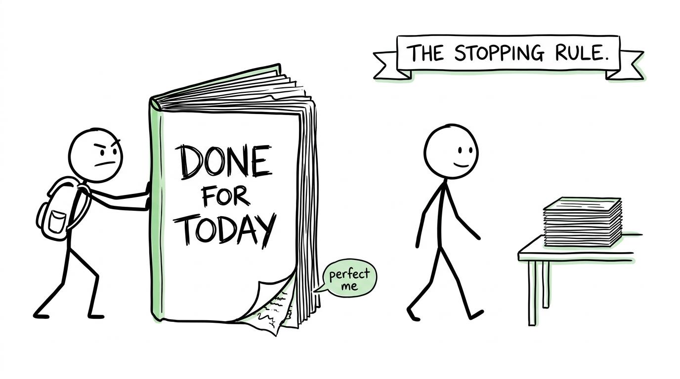 A student walking away from a sketchbook after defeating the urge to perfect one more corner