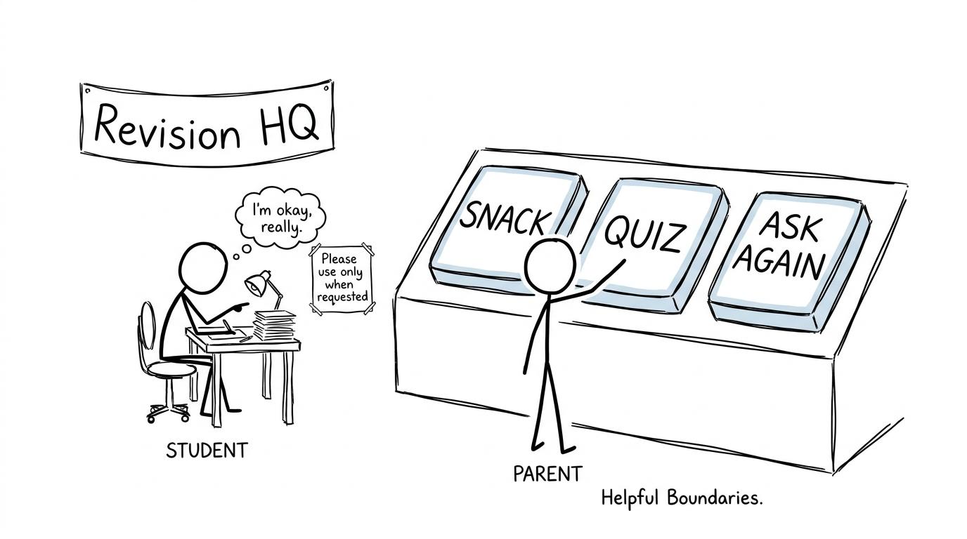 A student sets boundaries at Revision HQ while a parent operates an oversized support panel