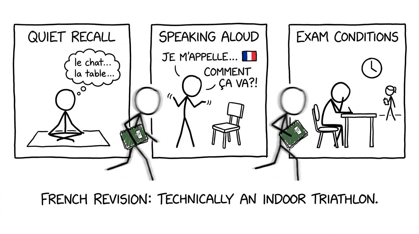 A student completes the indoor triathlon of French revision settings
