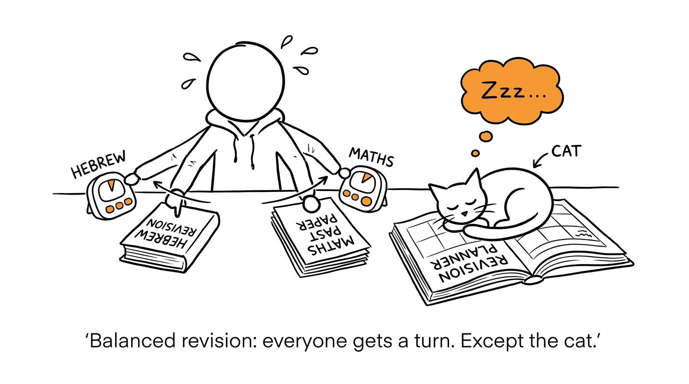 A student balances Hebrew revision with a maths paper while a cat takes complete control of the revision planner