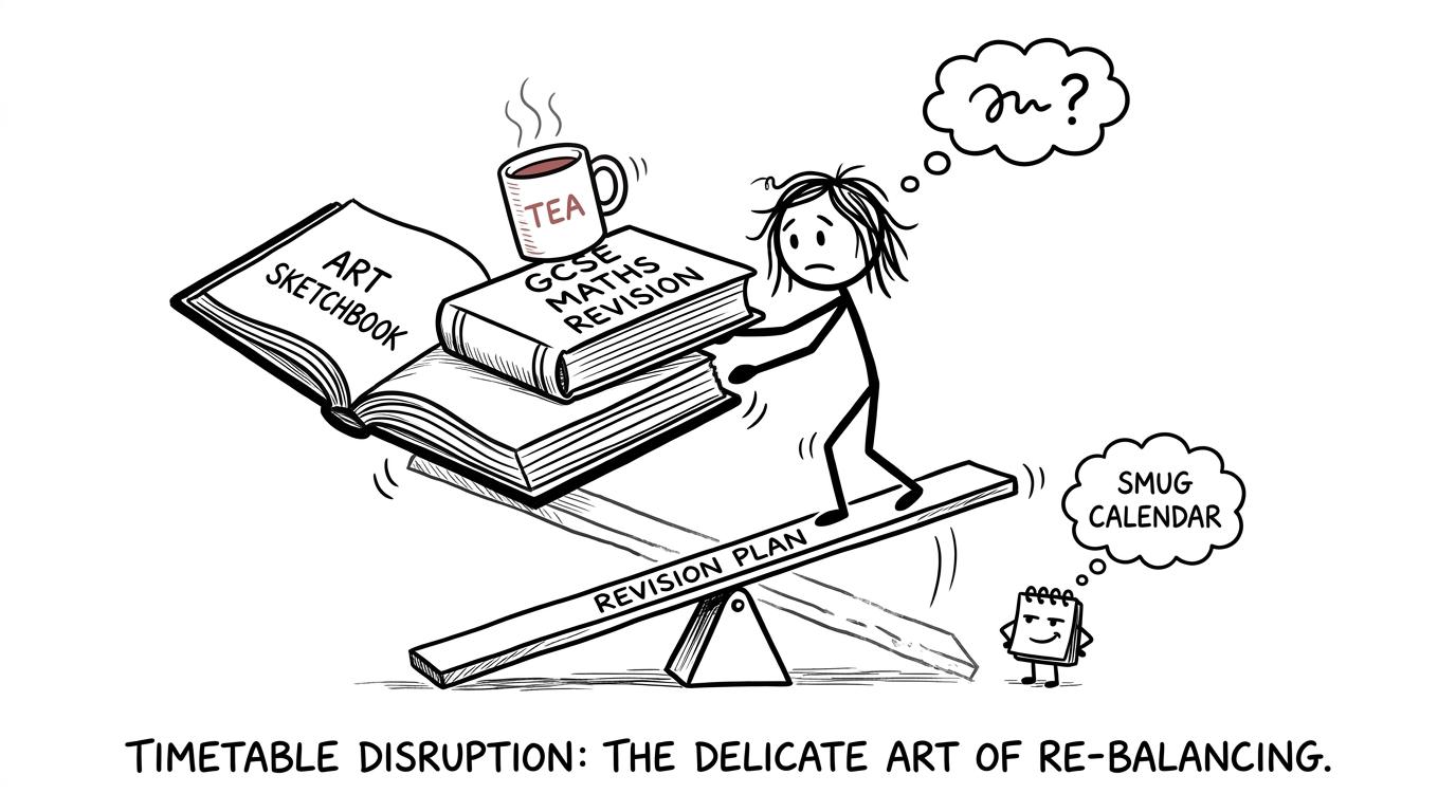 A student balancing an art portfolio, maths revision book and cup of tea on a revision-plan seesaw