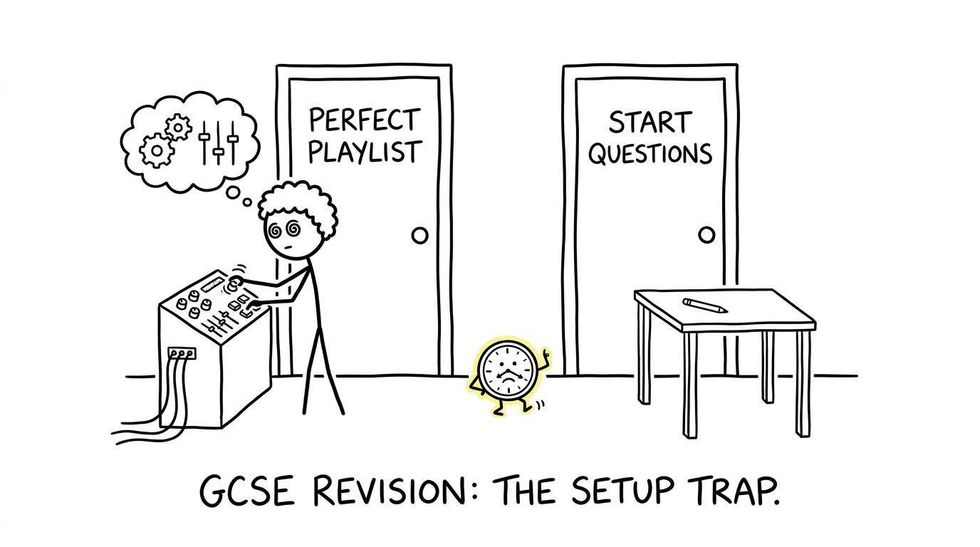 A student chooses between endlessly perfecting a playlist and starting questions