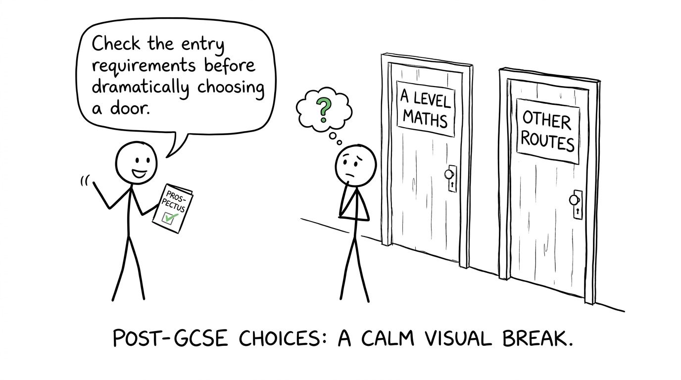 A student checks course requirements before choosing a door