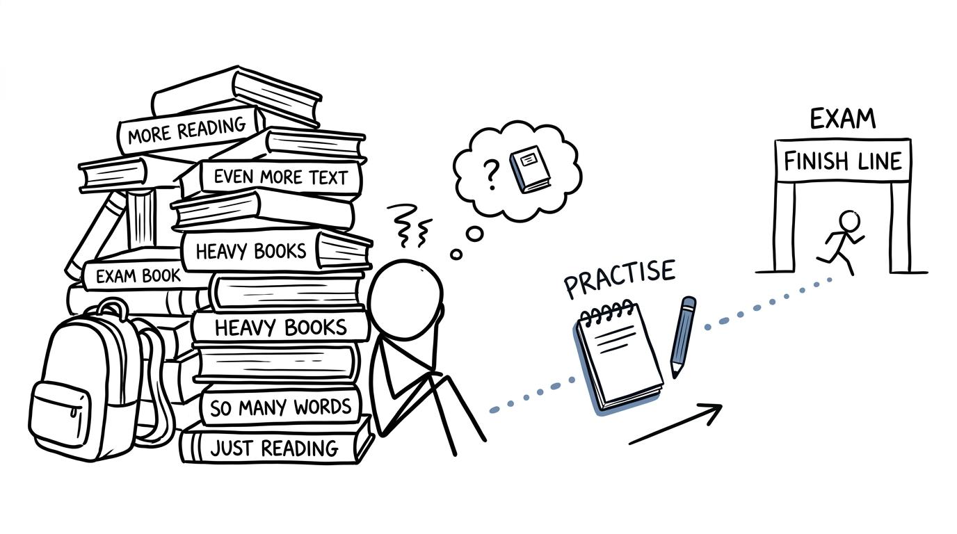 A student choosing practice over a towering pile of revision books
