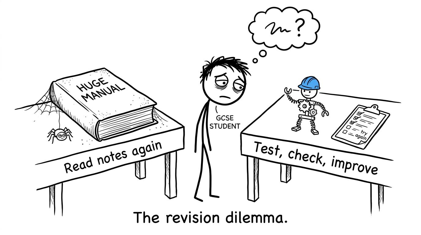 A student choosing between passive notes and a test-check-improve workbench